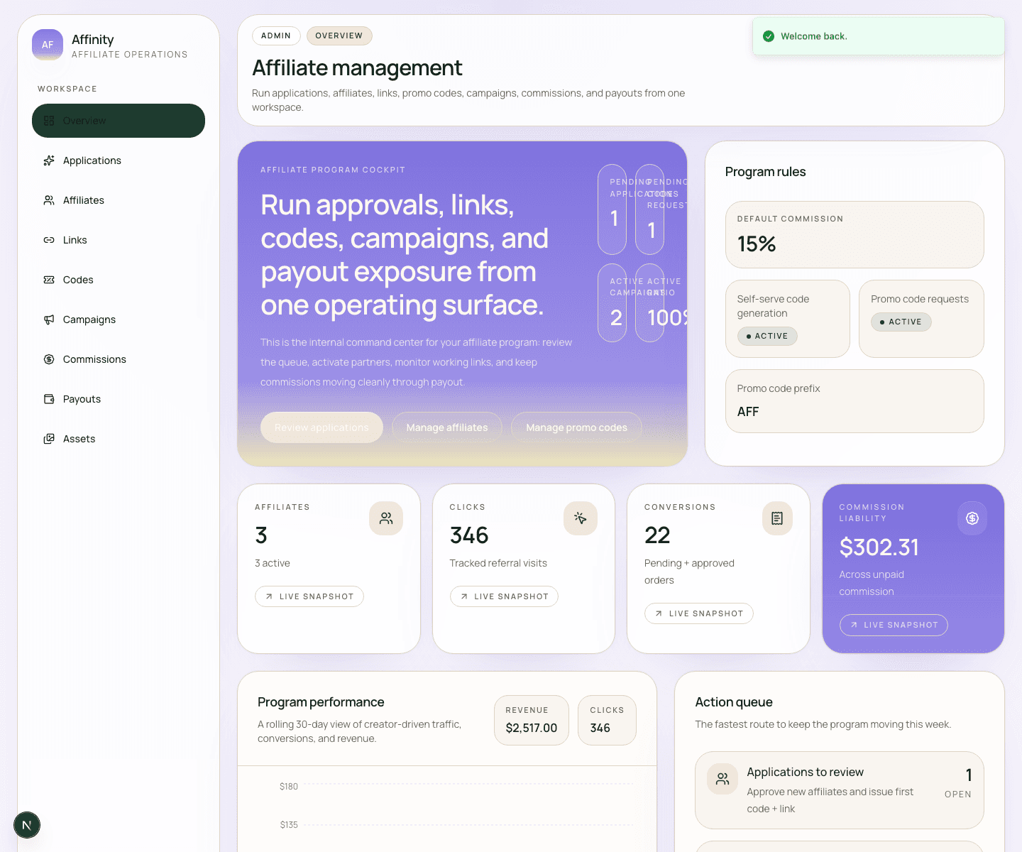Preview del back office merchant di Affinity